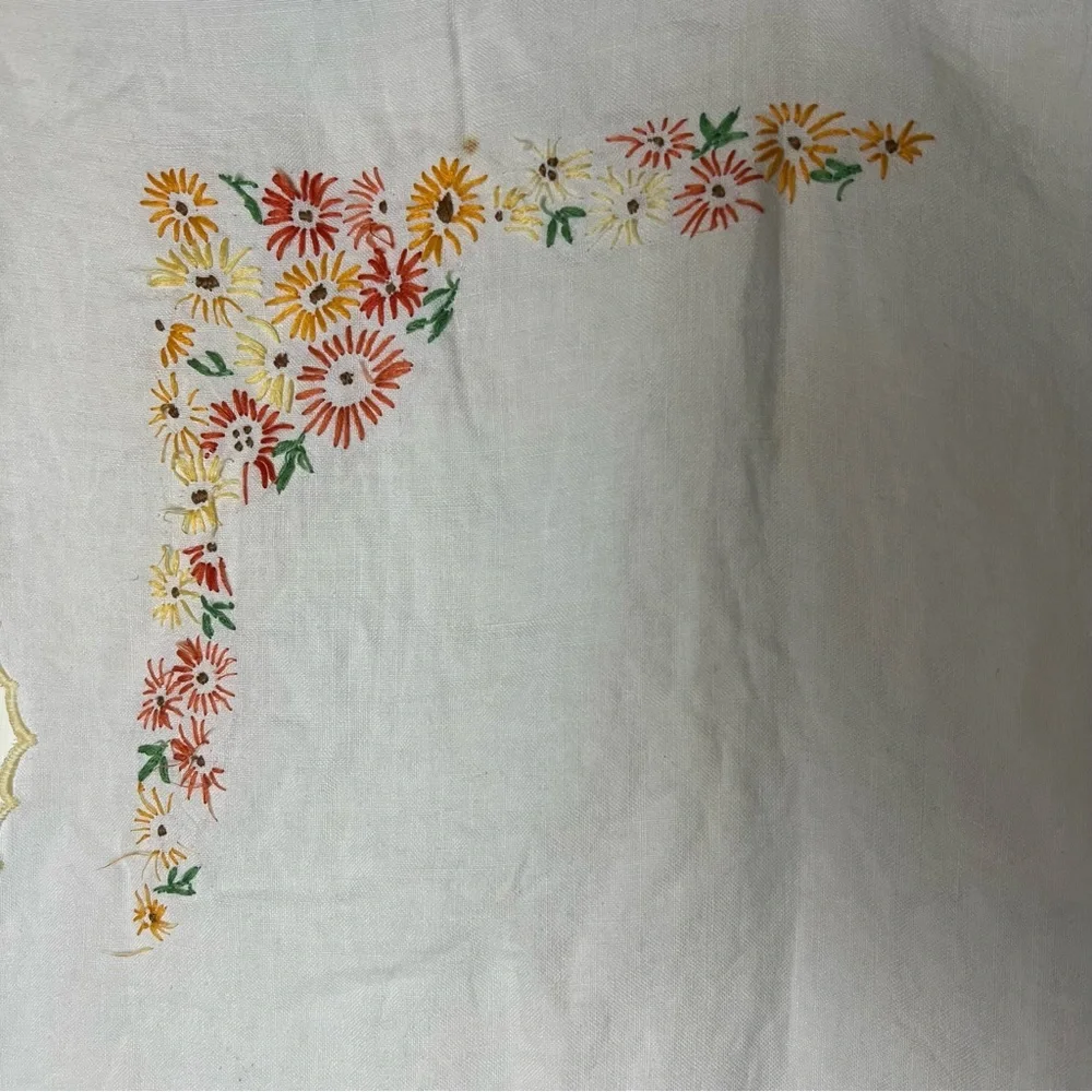 Vintage Hand Embroidered Square Table‎ Cloth Floral 35”x35” White Orange Yellow